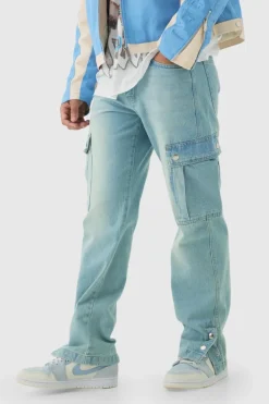 New boohooMAN Relaxed Rigid Popper Hem Cargo Jeans antique blue