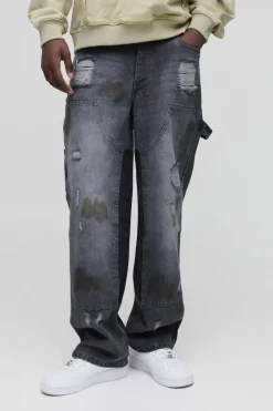 Flash Sale boohooMAN Relaxed Rigid Ripped Dirty Wash Carpenter Denim Jeans grey