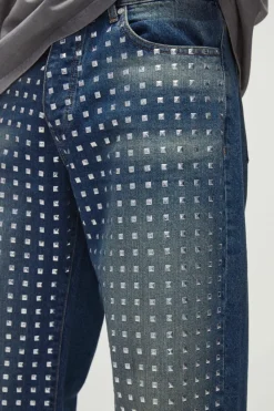 Outlet boohooMAN Relaxed Rigid Studded Denim Jeans mid blue