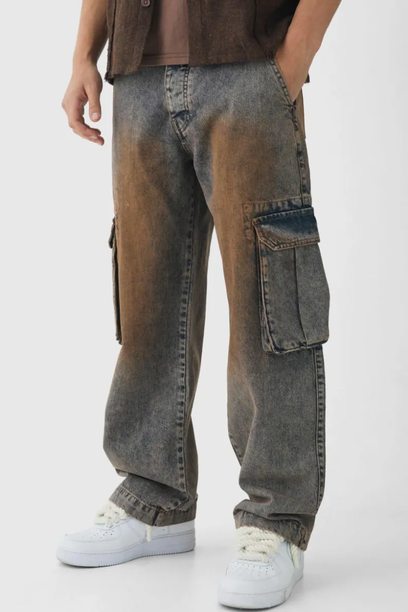 Clearance boohooMAN Relaxed Rigid Tinted Cargo Denim Jeans antique wash