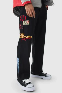 Cheap boohooMAN Relaxed Rigid Varsity Moto Denim Jeans true black