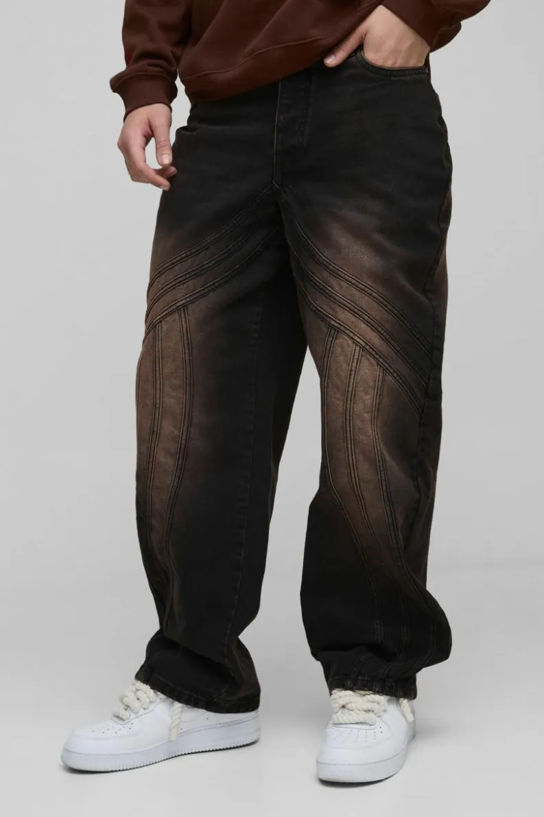 Hot boohooMAN Relaxed Rigid Vintage Look Panelled Denim Jeans brown