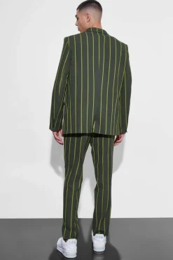 Best boohooMAN Relaxed Single Breasted Wide Stripe Suit Jacket forest