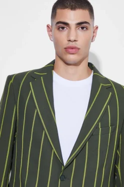 Best boohooMAN Relaxed Single Breasted Wide Stripe Suit Jacket forest