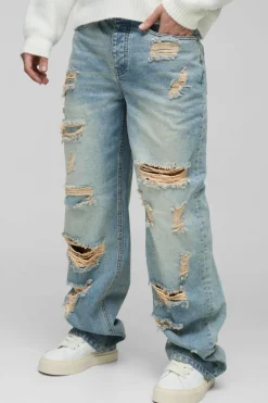 Best boohooMAN Relaxed Stacked Rigid Extreme Ripped Washed Denim Jeans stonewash