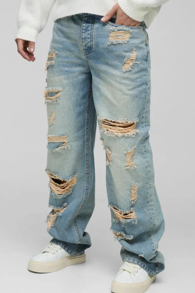 Best boohooMAN Relaxed Stacked Rigid Extreme Ripped Washed Denim Jeans stonewash
