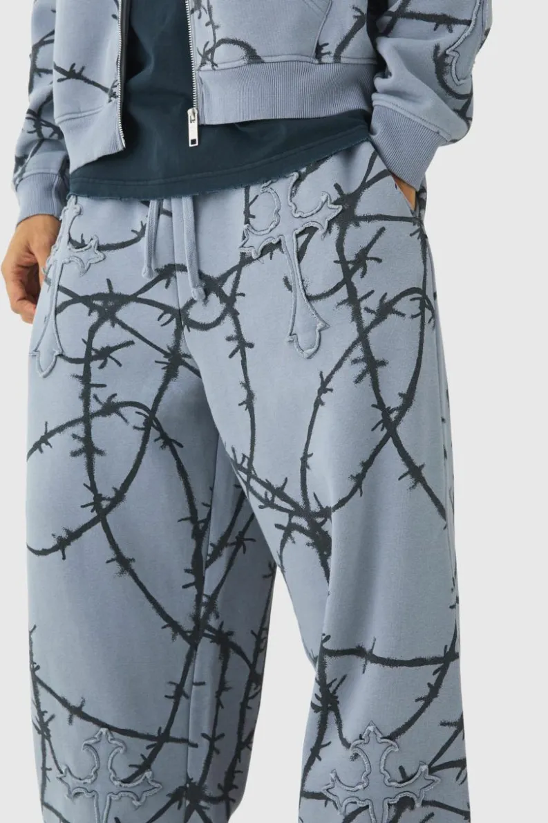Discount boohooMAN Relaxed Wide Leg Cross Applique Washed Joggers charcoal