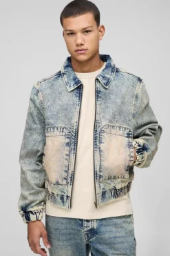 Sale boohooMAN Relaxed Zip Through Antique Wash Denim Bomber antique blue