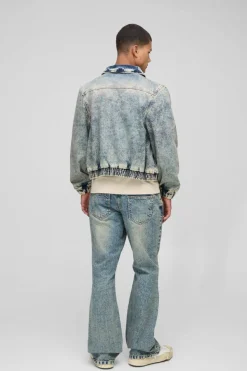 Sale boohooMAN Relaxed Zip Through Antique Wash Denim Bomber antique blue