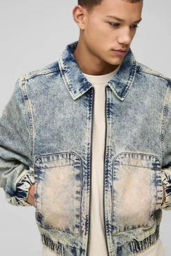 Sale boohooMAN Relaxed Zip Through Antique Wash Denim Bomber antique blue