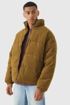 Best Sale boohooMAN Reversible Cord And Nylon Puffer Jacket In Brown lime