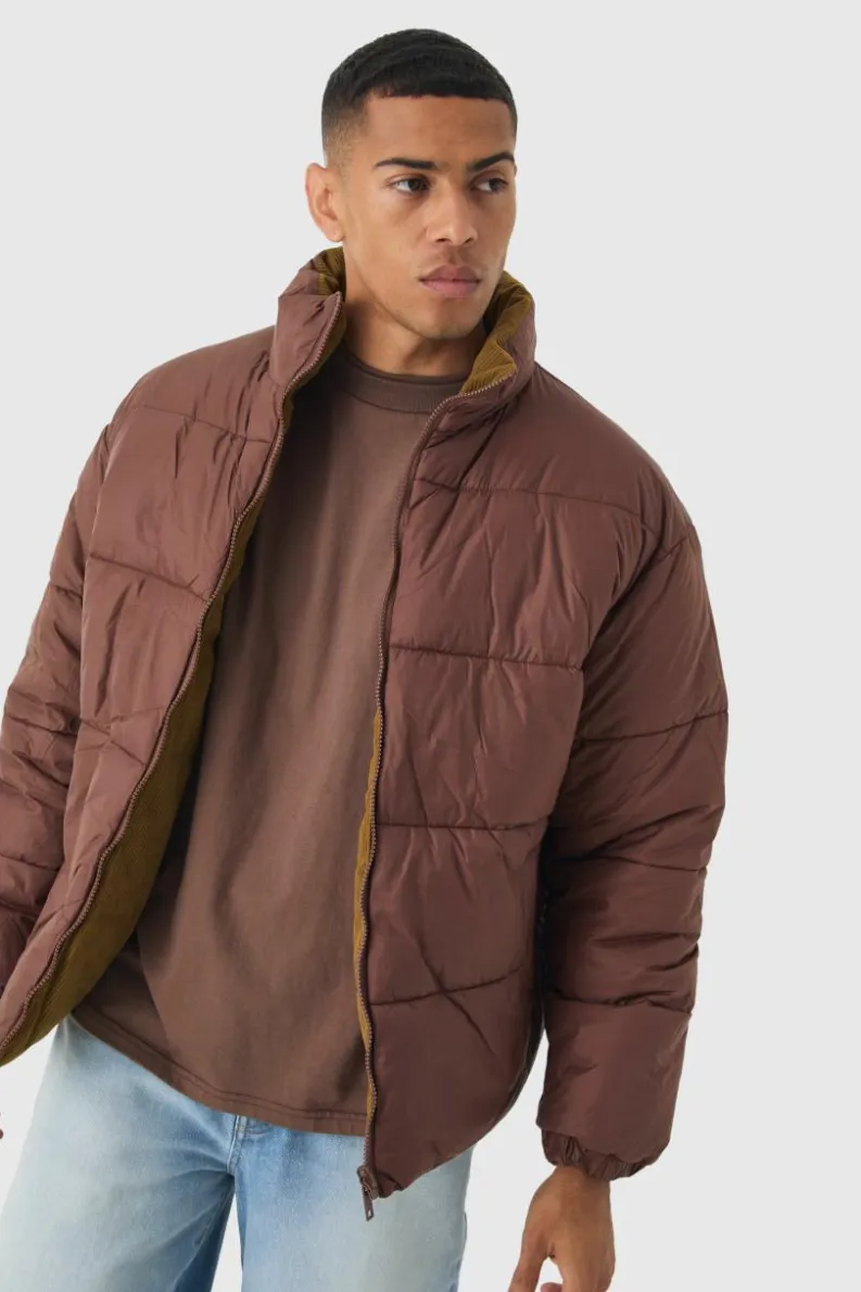Best Sale boohooMAN Reversible Cord And Nylon Puffer Jacket In Brown lime