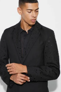 Fashion boohoo Rhinestone Sleeve Slim Fit Suit black