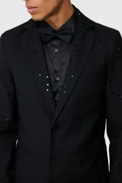 Fashion boohoo Rhinestone Sleeve Slim Fit Suit black