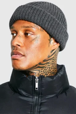 Shop boohooMAN Ribbed Micro Beanie charcoal