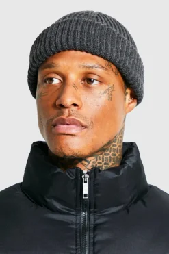 Shop boohooMAN Ribbed Micro Beanie charcoal