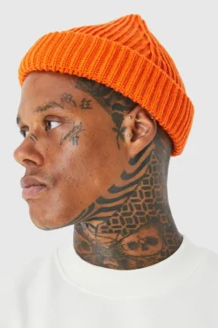 Shop boohooMAN Ribbed Micro Beanie orange