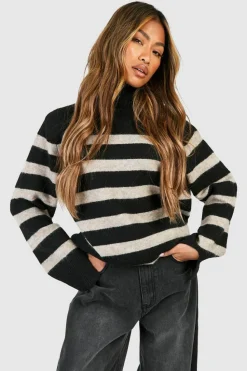 Cheap boohoo Roll Neck Oversized Stripe Jumper black