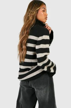 Cheap boohoo Roll Neck Oversized Stripe Jumper black