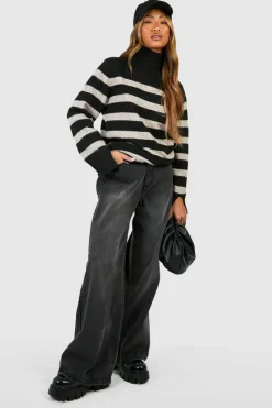 Cheap boohoo Roll Neck Oversized Stripe Jumper black