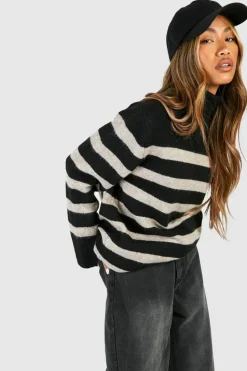 Cheap boohoo Roll Neck Oversized Stripe Jumper black