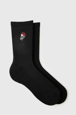Outlet boohooMAN Rose Embroidered Half Terry Socks black