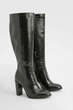 Discount boohoo Round Toe Knee High Croc Boots black