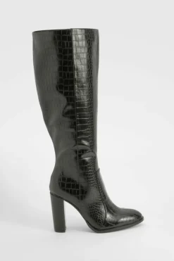Discount boohoo Round Toe Knee High Croc Boots black