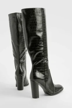 Discount boohoo Round Toe Knee High Croc Boots black