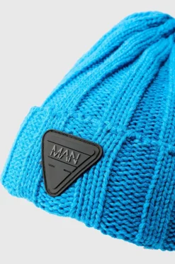 Online boohooMAN Rubber Branded Chunky Beanie blue