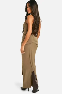 Fashion boohoo Ruched Twist Detail Racer Neck Maxi Dress mushroom