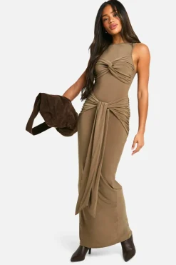 Fashion boohoo Ruched Twist Detail Racer Neck Maxi Dress mushroom