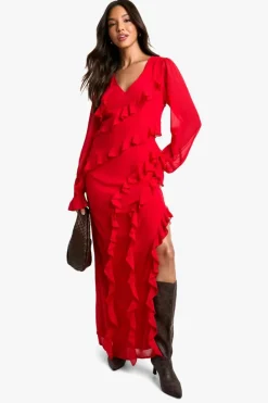 Shop boohoo Ruffle Long Sleeve Chiffon Maxi Dress red