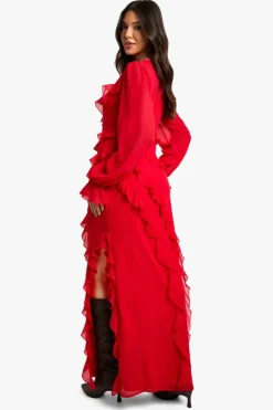 Shop boohoo Ruffle Long Sleeve Chiffon Maxi Dress red