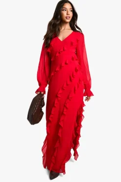 Shop boohoo Ruffle Long Sleeve Chiffon Maxi Dress red