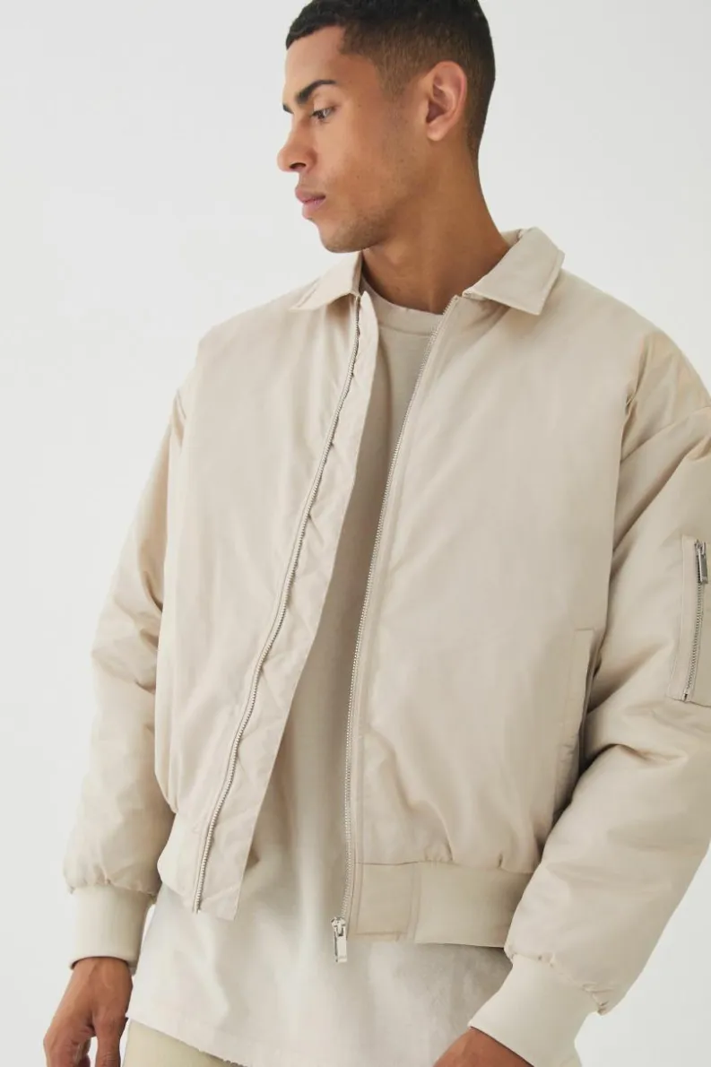Flash Sale boohooMAN Satin Collared Bomber Jacket In ecru