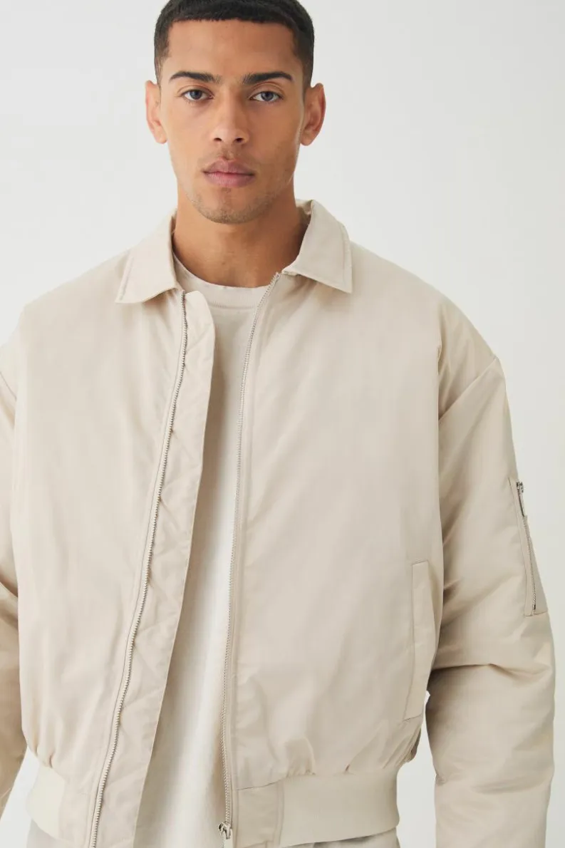 Flash Sale boohooMAN Satin Collared Bomber Jacket In ecru