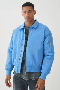 Sale boohooMAN Satin Collared Bomber Jacket In blue
