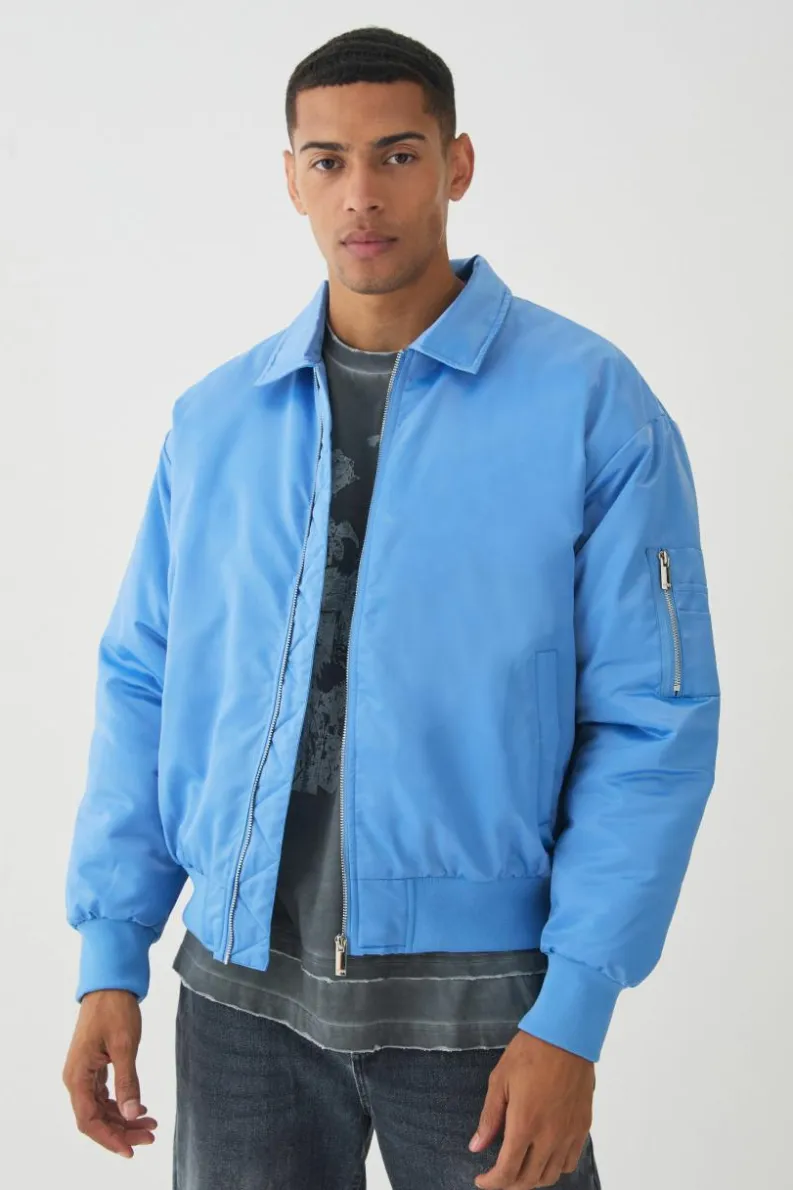 Sale boohooMAN Satin Collared Bomber Jacket In blue