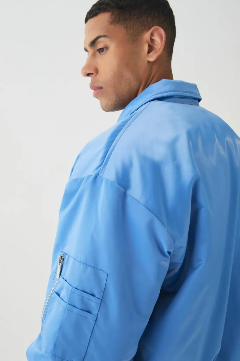 Sale boohooMAN Satin Collared Bomber Jacket In blue
