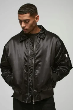 Cheap boohooMAN Satin Collared Bomber Jacket In black
