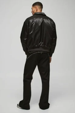 Cheap boohooMAN Satin Collared Bomber Jacket In black