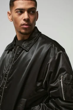 Cheap boohooMAN Satin Collared Bomber Jacket In black