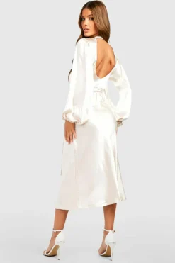 Cheap boohoo Satin High Neck Balloon Sleeve Midi Dress champagne
