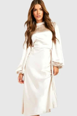 Cheap boohoo Satin High Neck Balloon Sleeve Midi Dress champagne