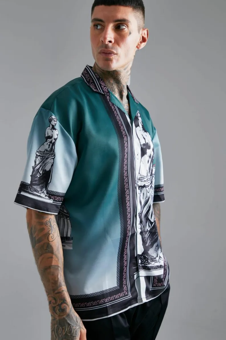Hot boohooMAN Satin Oversized Revere Statue Border Shirt green