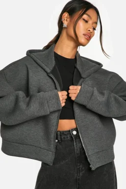 Discount boohoo SCUBA BOXY CROP ZIP THROUGH HOODIE grey marl