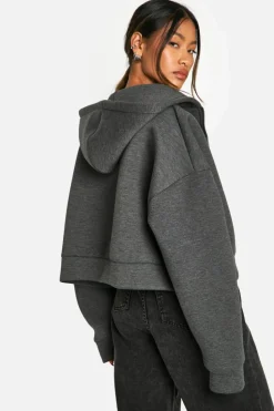 Discount boohoo SCUBA BOXY CROP ZIP THROUGH HOODIE grey marl