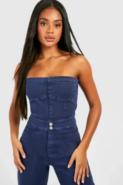 Fashion boohoo Seam Detail Bandeau Denim Jumpsuit indigo