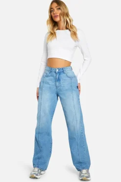 Outlet boohoo Seam Detail Straight Leg Denim Jeans mid blue